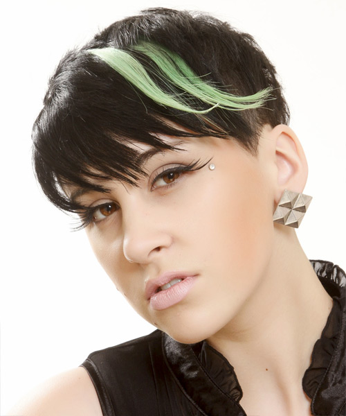 Short Straight   Black Ash  Emo  Hairstyle with Side Swept Bangs  and Green Highlights - Side View