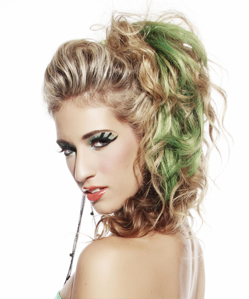   Long Curly    Champagne Brunette  Half Up Hairstyle   with Green Highlights - Side View