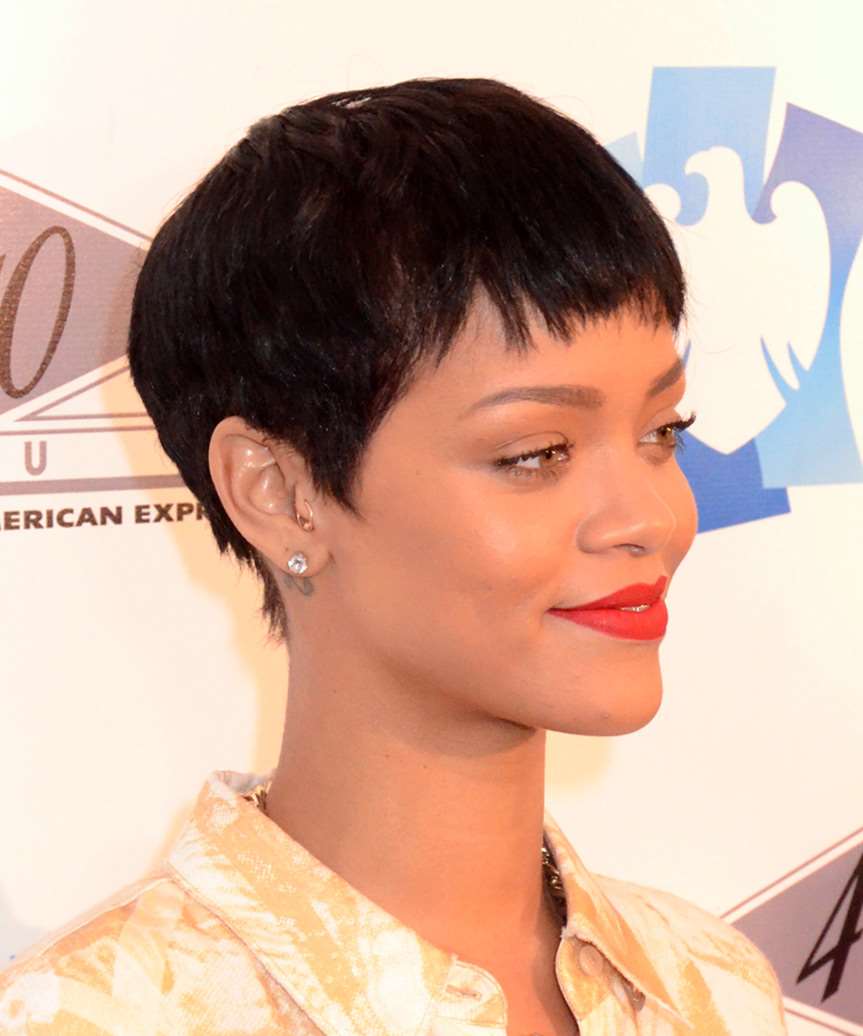 Rihanna Casual Dark Brunette Pixie Haircut With Layered Bangs - side view