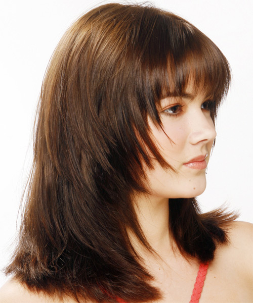 Straight   Dark Mocha Brunette with Layered Bangs - side view