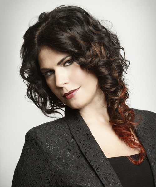  Dark Brunette And Red Two-Tone Hairstyle With Curls - side view