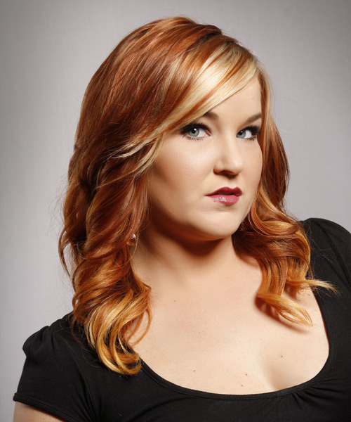  Long Wavy    Copper Red   Hairstyle with Side Swept Bangs  and Light Blonde Highlights - Side View