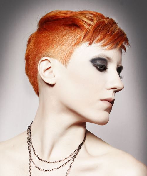 Fiery And Tapered Short Bright Orange Hairdo With Long Top