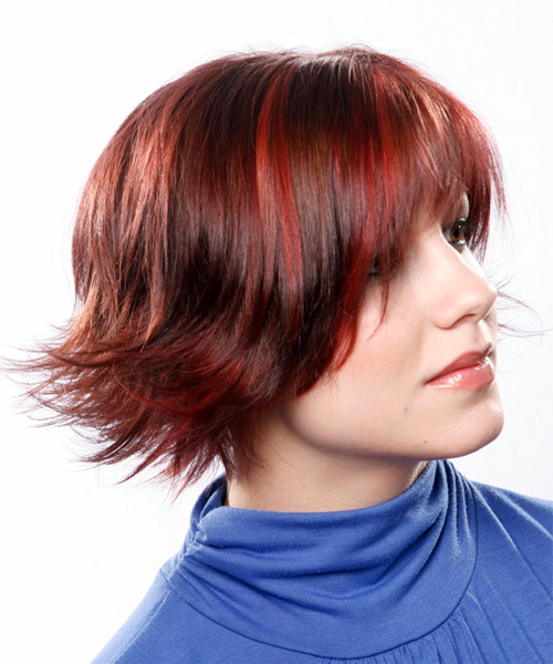 Medium Straight Layered Red Bob Haircut with Razor Cut Bangs