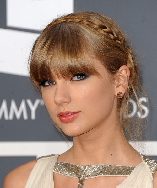 Taylor Swift Straight   Dark Golden Blonde with Blunt Cut Bangs - side view