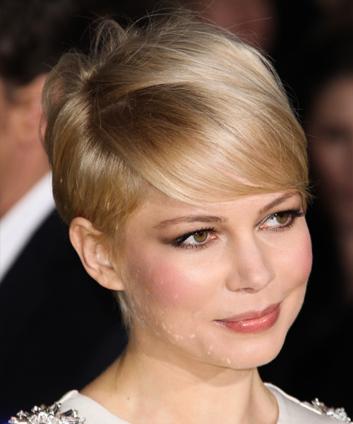 Michelle Williams Short Straight   Light Champagne Blonde   with Side Swept Bangs  and Light Blonde Highlights - side view