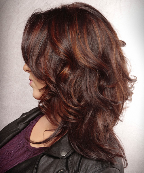 Brunette hair with red bayalage highlights hairstyle