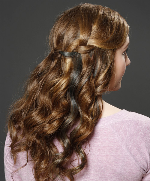 Long Caramel Brunette Half Up Braids With Blonde Highlights - side view