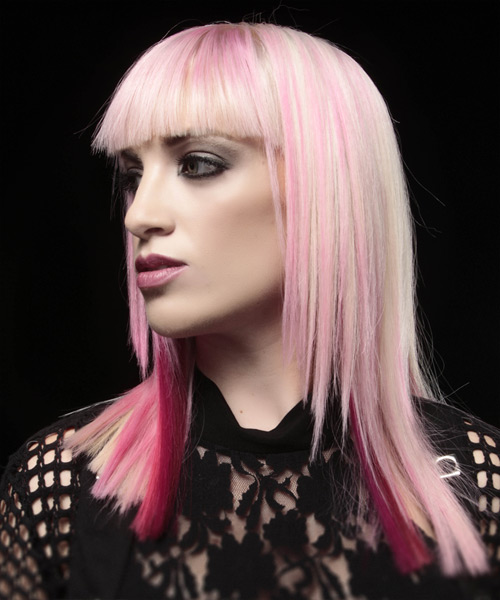 Long Straight Alternative Pink Hairstyle with Blunt Cut Bangs