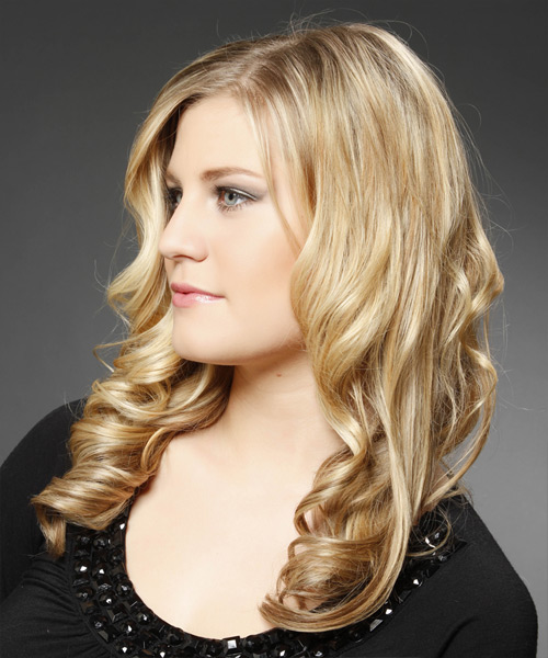  Long Curly   Dark Golden Blonde   Hairstyle   with Light Blonde Highlights - Side View