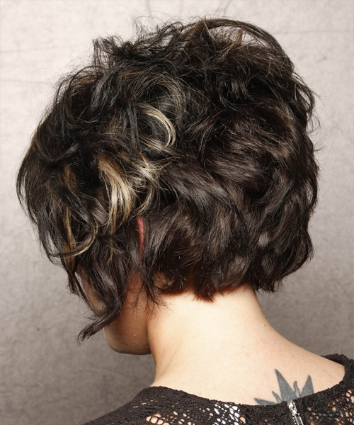  Short Wavy   Black    Hairstyle   with Light Blonde Highlights - Side View