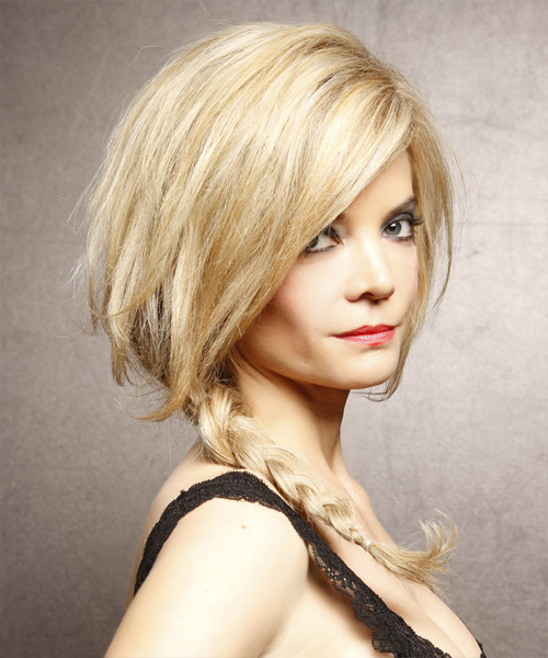 Voluminous Golden Blonde Braided Hairstyle With Light Blonde Highlights - side view