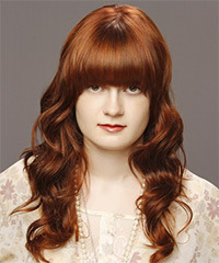 Medium Wavy   Light Auburn Brunette   Hairstyle with Blunt Cut Bangs- Visual Story