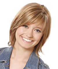  Medium Straight Layered  Light Brunette Bob  Haircut with Side Swept Bangs  and  Blonde Highlights- Visual Story