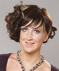  Medium Curly    Brunette  Updo  with Blunt Cut Bangs  and Light Blonde Highlights- Visual Story