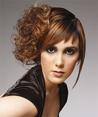   Long Curly   Caramel and Dark Brunette Two-Tone Asymmetrical Updo  with Asymmetrical Bangs - Visual Story