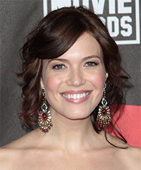 Mandy Moore Long Curly Chocolate Updo Hairstyle with Side Swept Bangs