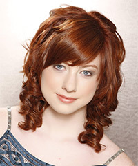 Medium Curly   Copper   Hairstyle with Side Swept Bangs- Visual Story