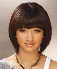 Medium Straight    Mocha Brunette Bob  Haircut with Blunt Cut Bangs- Visual Story