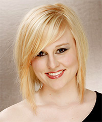 Medium Straight   Light Honey Blonde   Hairstyle with Side Swept Bangs  and Light Blonde Highlights- Visual Story