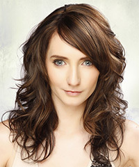 Long Wavy   Dark Chestnut Brunette   Hairstyle with Side Swept Bangs  and Light Brunette Highlights- Visual Story
