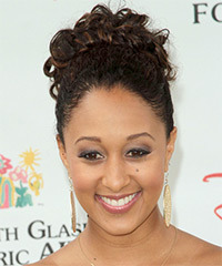 Tamera Mowry   Long Curly   Black   Updo    with  Brunette Highlights- Visual Story