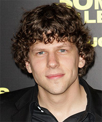 Jessie Eisenberg Medium Curly    Brunette   Hairstyle with Blunt Cut Bangs