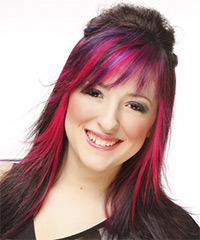  Long Straight   Dark Brunette and Pink Two-Tone  Half Up Hairstyle with Layered Bangs  and Purple Highlights- Visual Story