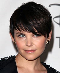 Ginnifer Goodwin   Layered  Dark Mocha Brunette Pixie  Haircut with Side Swept Bangs