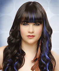 Long Wavy   Black    Hairstyle with Blunt Cut Bangs  and Blue Highlights- Visual Story