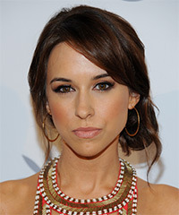 Lacey Chabert  Long Straight   Dark Brunette  Updo  with Side Swept Bangs  and  Brunette Highlights- Visual Story