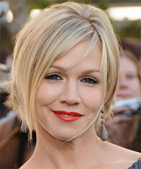 Jennie Garth Short Straight Layered  Light Blonde Bob  Haircut with Side Swept Bangs  and  Blonde Highlights- Visual Story
