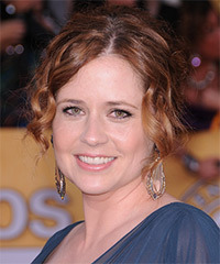 Jenna Fischer  Long Curly    Burgundy Brunette  Updo Hairstyle   with  Red Highlights