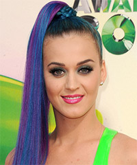 Katy Perry  Long Straight   Blue Bright   Updo    with Purple Highlights- Visual Story