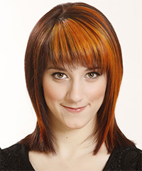 Medium Straight    Copper Brunette   Hairstyle with Razor Cut Bangs  and Orange Highlights- Visual Story