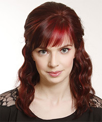   Medium Curly   Dark Red  Half Up Hairstyle with Layered Bangs - Visual Story