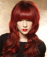 Long Wavy    Bright Red   Hairstyle with Blunt Cut Bangs- Visual Story