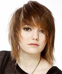  Medium Straight   Light Auburn Brunette Emo  Hairstyle with Side Swept Bangs  and Light Blonde Highlights- Visual Story