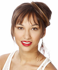 Elegant Chocolate Brown Updo With Blunt Cut Bangs And Dark Blonde Highlights- Visual Story