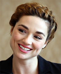Crystal Reed  Long Curly   Dark Honey Brunette Braided Updo Hairstyle   with  Blonde Highlights