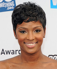 Ariane Davis Short Straight Black Hairstyle with Side Swept Bangs