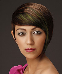  Short Straight    Brunette Asymmetrical  Hairstyle with Side Swept Bangs  and Green Highlights- Visual Story
