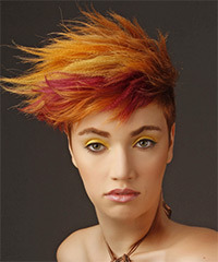  Short Wavy    Copper Red and  Red Two-Tone Emo  Hairstyle with Side Swept Bangs  and Yellow Highlights- Visual Story