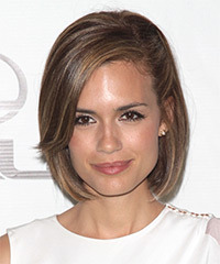Torrey DeVitto Medium Straight   Light Chestnut Brunette Bob  Haircut with Side Swept Bangs  and  Blonde Highlights- Visual Story