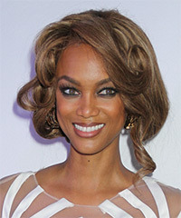 Tyra Banks  Long Curly    Caramel Brunette  Updo  with Side Swept Bangs  and  Blonde Highlights- Visual Story