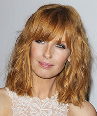 Kelly Reilly Medium Wavy    Strawberry Blonde   Hairstyle with Blunt Cut Bangs - Visual Story