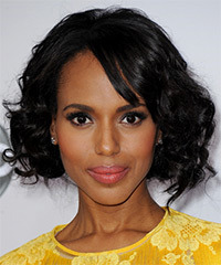 Kerry Washington Medium Curly Layered  Black  Bob  Haircut with Side Swept Bangs