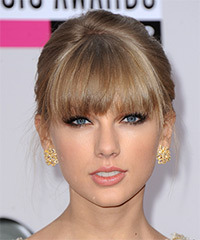 Taylor Swift  Long Straight   Light Caramel Brunette  Updo  with Blunt Cut Bangs - Visual Story