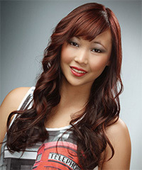  Long Wavy   Dark Red   Hairstyle with Blunt Cut Bangs  and  Red Highlights- Visual Story