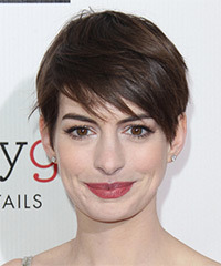 Anne Hathaway Short Straight     Hairstyle with Side Swept Bangs- Visual Story